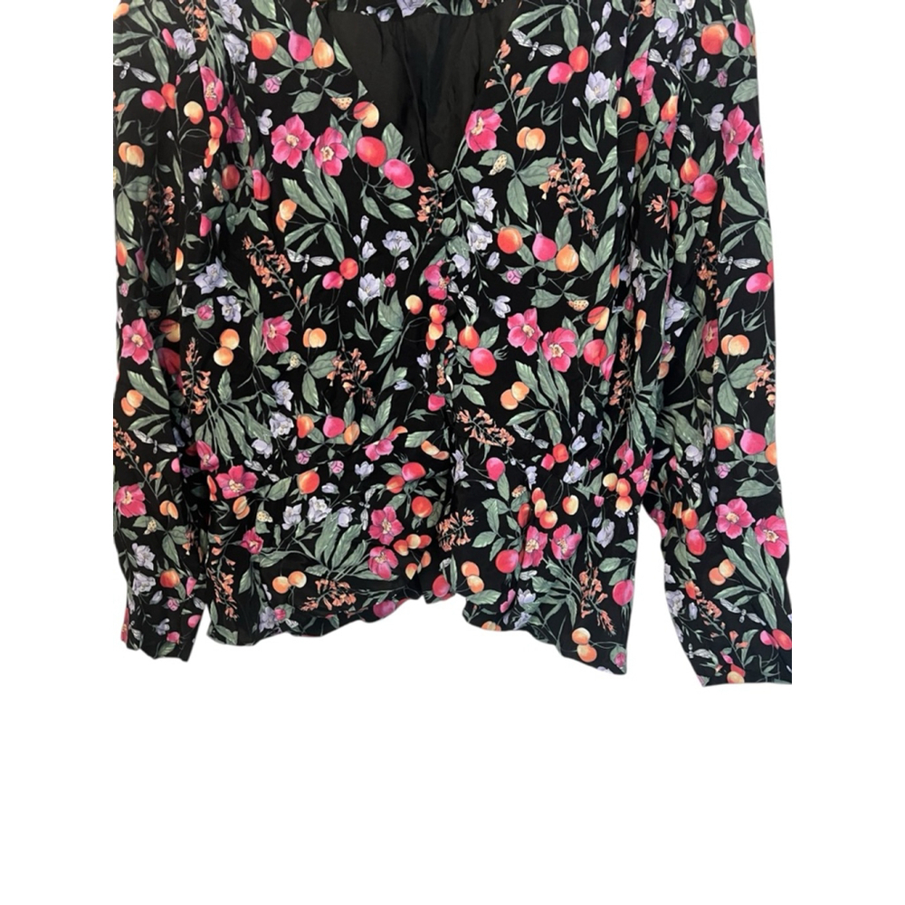 Vintage Black Floral Fruit Print Blouse Large Cottagecore Button Front Top - Picture 4 of 9